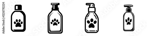 Different styles of pet grooming shampoo bottles displayed on a white background