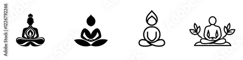 Different styles of meditation symbols representing peace, tranquility, and mindfulness in a harmonious design