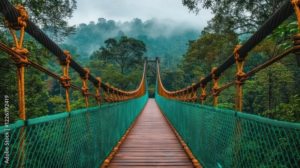 Obraz premium Jungle Suspension Bridge, Misty Mountains, Hiking