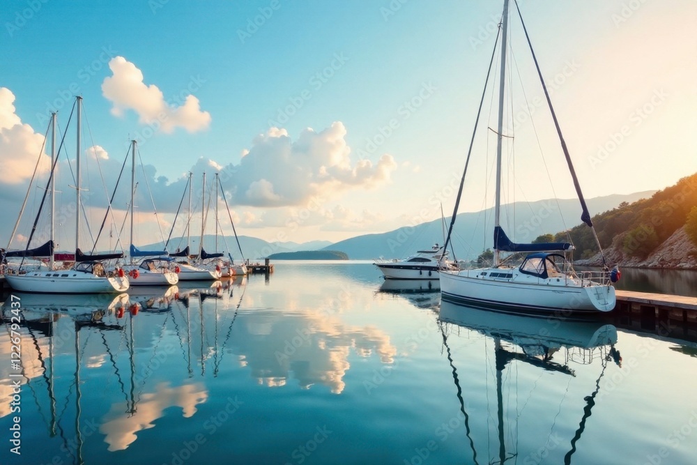 Sailboat in the marina reflected in calm water, docks, boats, sea Sailboat in the marina reflected in calm water, docks, boats, sea