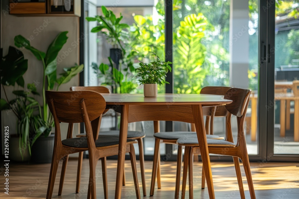 Obraz premium Modern dining room, sunlit, plants, indoor greenery, calm ambiance, home decor, design inspiration