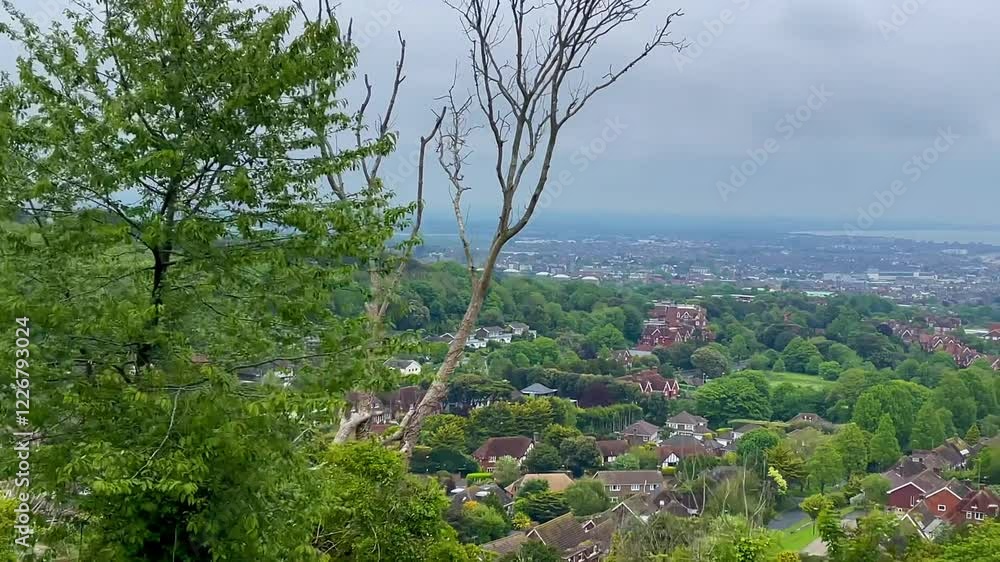 Landscapes of Eastbourne, East Sussex, United Kingdom, with scattered houses nestled among the trees and distant hills under a cloudy sky Landscapes of Eastbourne, East Sussex, United Kingdom, with scattered houses nestled among the trees and distant hills under a cloudy sky
