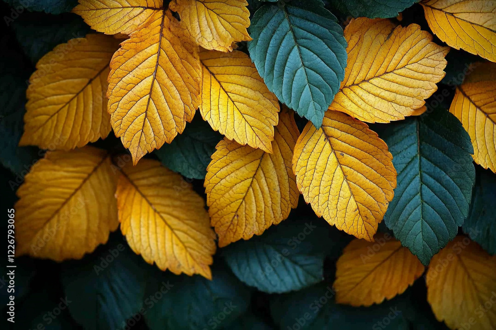 Golden and Teal Autumn Leaves Displaying Natural Beauty Golden and Teal Autumn Leaves Displaying Natural Beauty