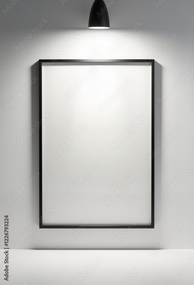 Empty A4 frame on white wall with spotlights Empty A4 frame on white wall with spotlights