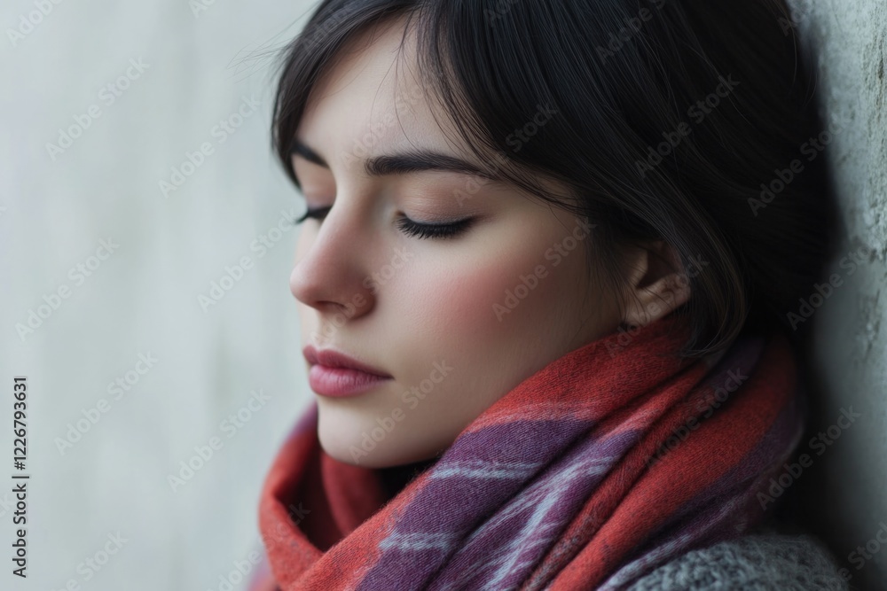 A woman closes her eyes and leans against the wall, relaxed A woman closes her eyes and leans against the wall, relaxed