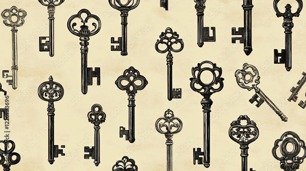 Old keys seamless pattern with gray silhouettes of medieval skeleton keys, adorned by forged elements on white background. May be use as vintage interior accessories or scrapbook page backdrop design Old keys seamless pattern with gray silhouettes of medieval skeleton keys, adorned by forged elements on white background. May be use as vintage interior accessories or scrapbook page backdrop design