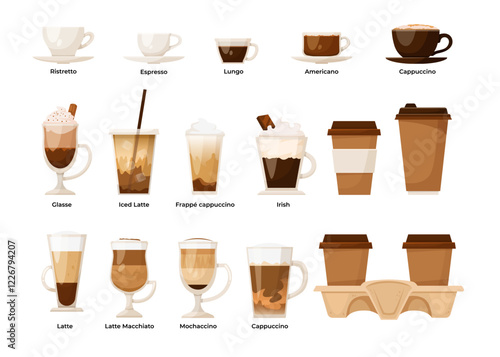 Various coffee cups with beverages like espresso, cappuccino, latte, iced latte on white background. Concept of coffee variety. Vector illustration