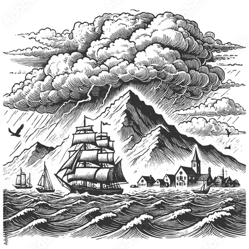 ship sailing through turbulent waves near towering mountains and dramatic clouds, adventure and nature grandeur sketch engraving generative ai vector illustration. Scratch board. Black and white.