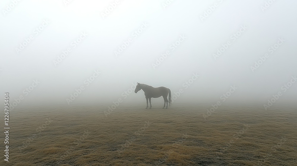 Lone horse standing in foggy field, serene landscape, peaceful mood, nature photography Lone horse standing in foggy field, serene landscape, peaceful mood, nature photography