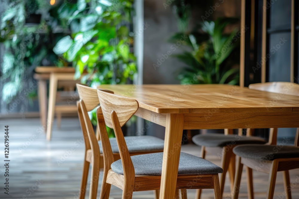 Modern wooden dining table with chairs in a cafe Modern wooden dining table with chairs in a cafe