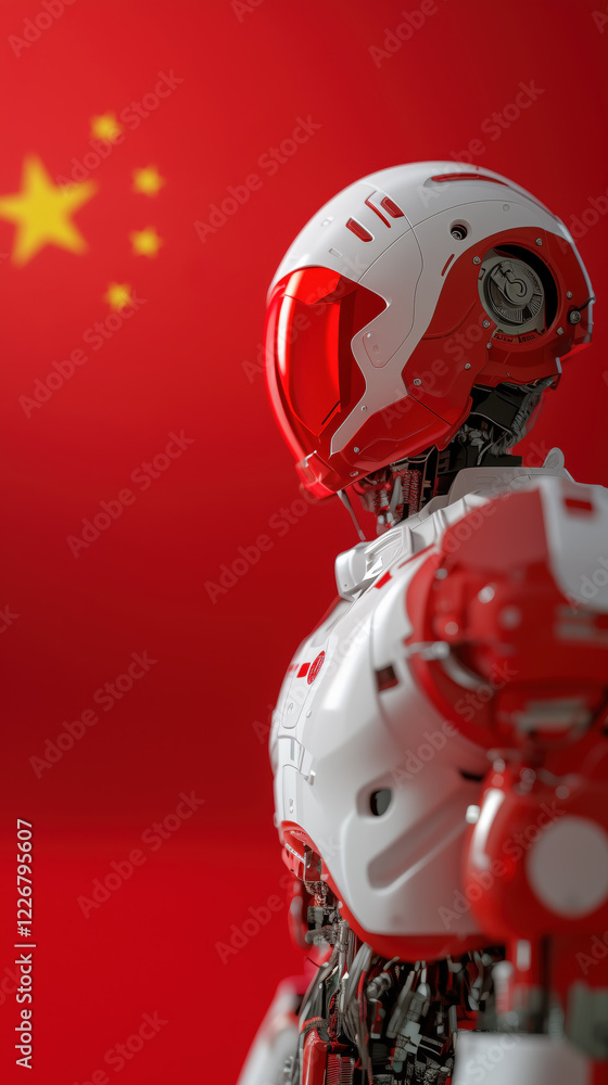 Red and white futuristic China robot with holographic interface, set against Chinese flag Red and white futuristic China robot with holographic interface, set against Chinese flag