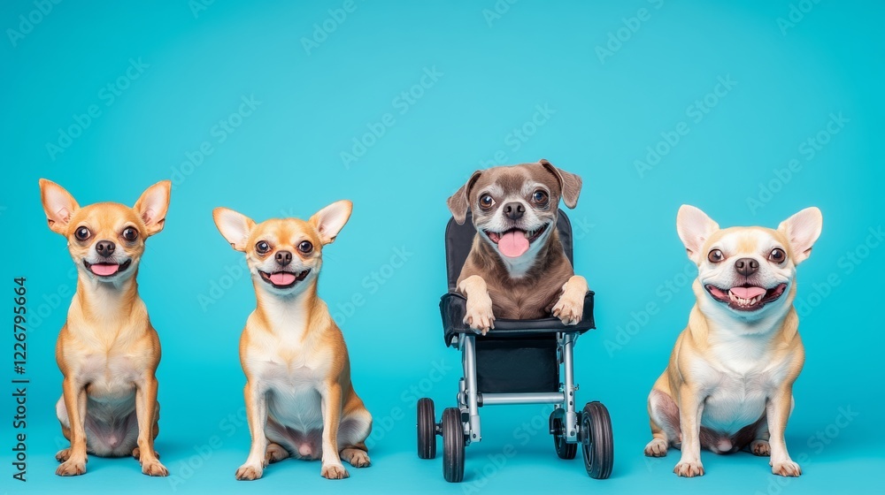 Four dogs are sitting in a row, with one of them in a wheelchair. The dogs are all smiling and seem to be enjoying themselves. Concept of happiness and playfulness, as the dogs are posing for a photo Four dogs are sitting in a row, with one of them in a wheelchair. The dogs are all smiling and seem to be enjoying themselves. Concept of happiness and playfulness, as the dogs are posing for a photo