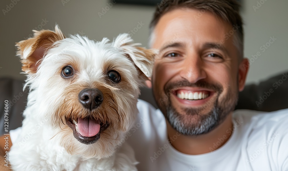 Man and a dog are smiling at the camera. The man is wearing a white shirt and the dog is white Man and a dog are smiling at the camera. The man is wearing a white shirt and the dog is white