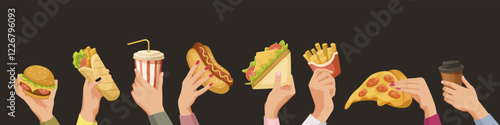 Various hands holding fast food items like burgers, pizza, fries, drinks, and hot dogs on a black background. Food choice concept. Vector illustration