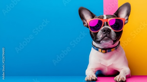 Dog wearing sunglasses and a collar is standing in front of a blue and yellow background. The dog's sunglasses give it a cool and stylish appearance, making it look like a fashionable pet photo