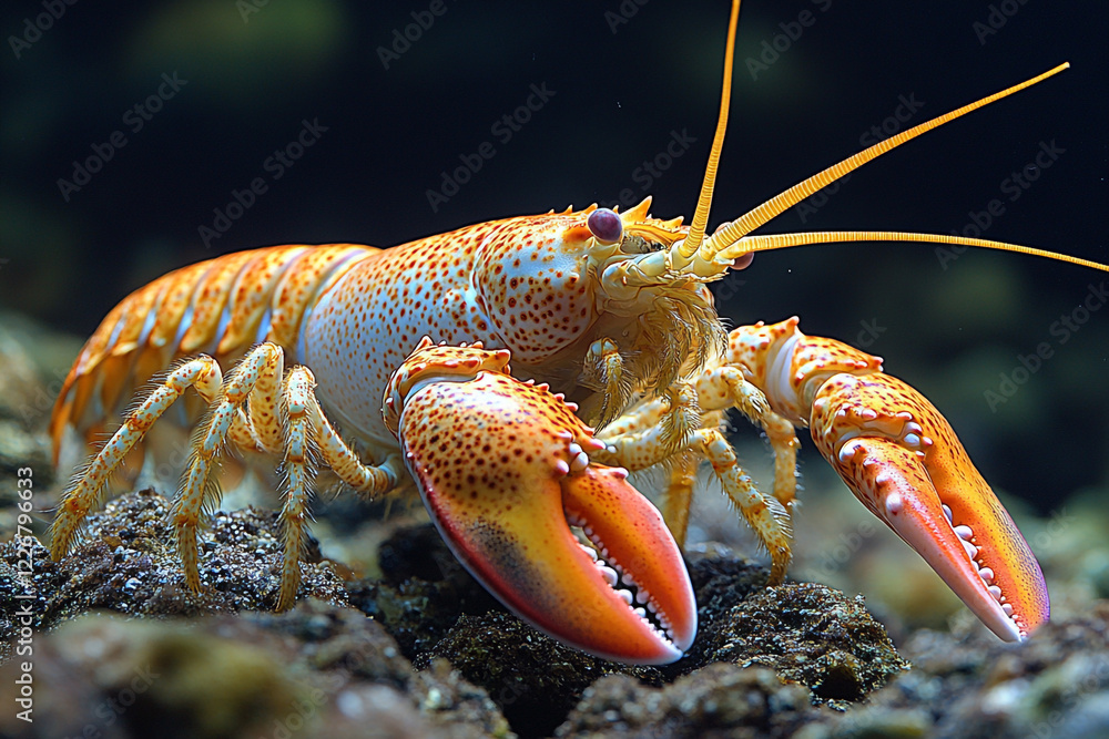 A vibrant orange and white spotted lobster crawls on rocks A vibrant orange and white spotted lobster crawls on rocks