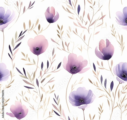 This design features vibrant purple flowers and lush green leaves on a pristine white background, enhancing freshness and liveliness. Its perfect for creative projects, adding a touch of nature