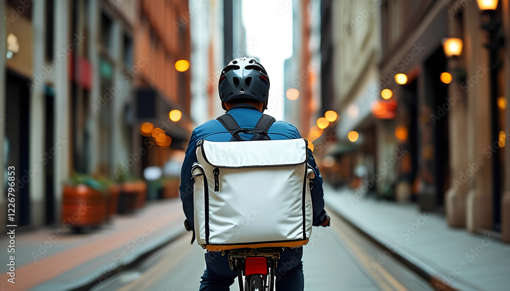 Professional Courier With white Backpack Riding Bike Delivering Food and drink In City. Takeaway restaurant food delivery concept. Delivery Guy Riding Bike Outdoors In Urban Area. Generative Ai Professional Courier With white Backpack Riding Bike Delivering Food and drink In City. Takeaway restaurant food delivery concept. Delivery Guy Riding Bike Outdoors In Urban Area. Generative Ai