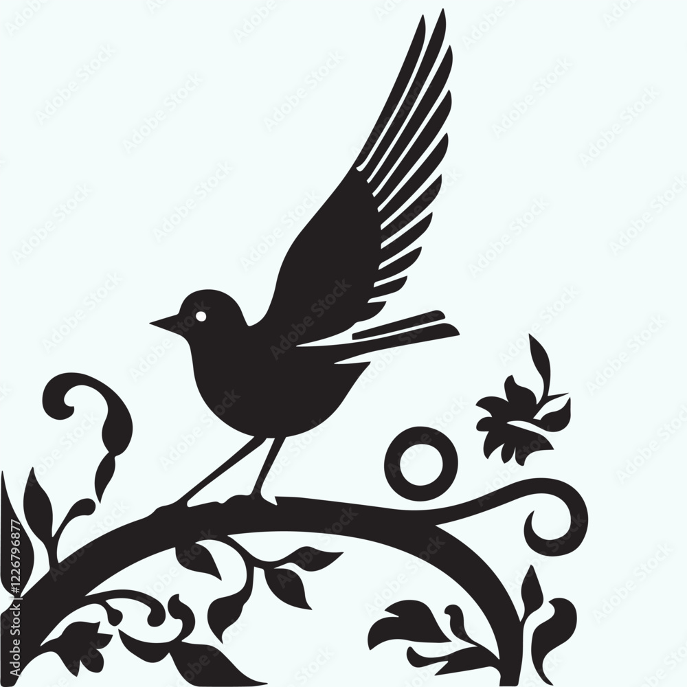 Obraz premium This is a black and white silhouette image of a bird perched on a branch. The bird is facing to the left, with its wing lifted as if it's about to take flight or is in the middle of flapping.