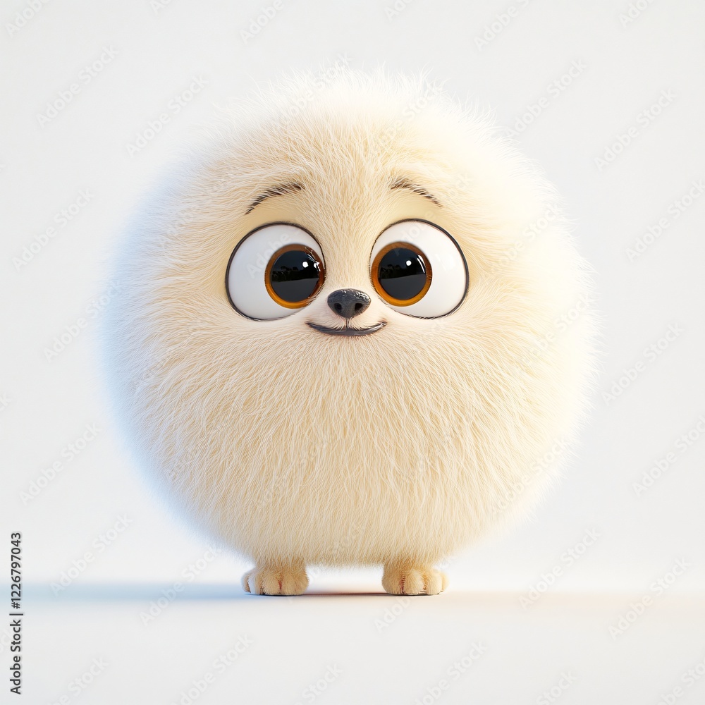 Fototapeta premium Adorable Fluffy Cartoon Dog Cute Puppy 3D Render Big Eyes White Fur Happy Expression