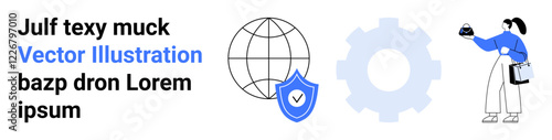 Globe with shield highlighting cybersecurity, cogwheel for settings, and person analyzing data. Ideal for technology, cybersecurity, user experience, global data, analytics, systems flat landing