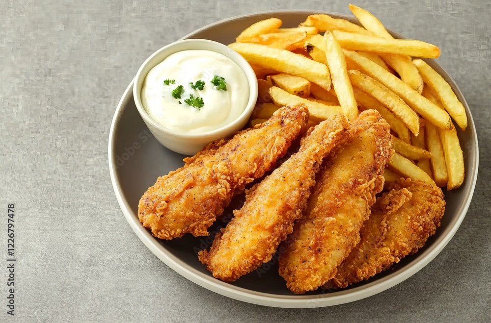 A plate of chicken strips with fries and mayonnaise, top view, flat lay, on a grey background A plate of chicken strips with fries and mayonnaise, top view, flat lay, on a grey background