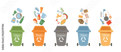 Illustration of five recycling bins for glass, plastic, organic, paper, and metal waste, on a white background. Concept of waste sorting. Vector illustration.