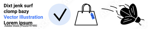 Checkmark in circle, retail shopping bag with tag, and flying insect. Ideal for validation, retail, nature, goods, quality assurance, entomology flat landing page banner