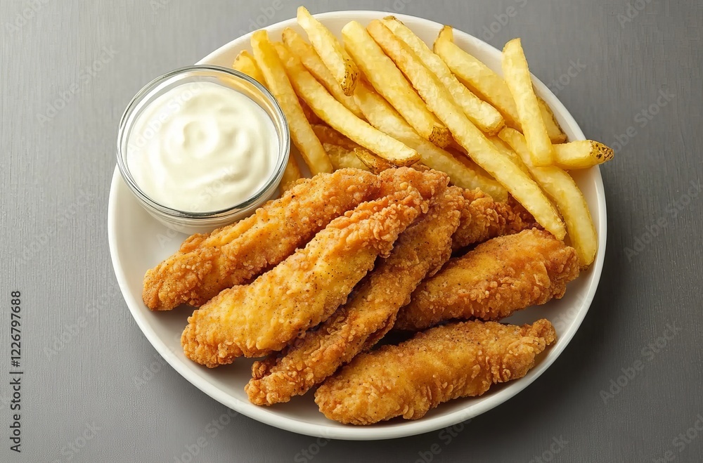 A plate of chicken strips with fries and mayonnaise, top view, flat lay, on a grey background A plate of chicken strips with fries and mayonnaise, top view, flat lay, on a grey background
