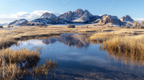 Mountain reflection in winter wetland, sunrise