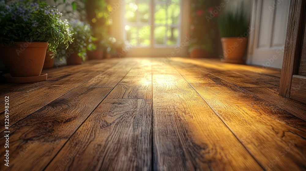Sunny room with wood floor and potted plants. Sunny room with wood floor and potted plants.