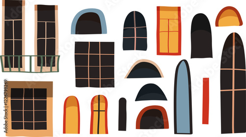 Vector Set of Painted Windows, Retro and Vintage Balconies and Windows, Christmas windows houses, colored vintage windows