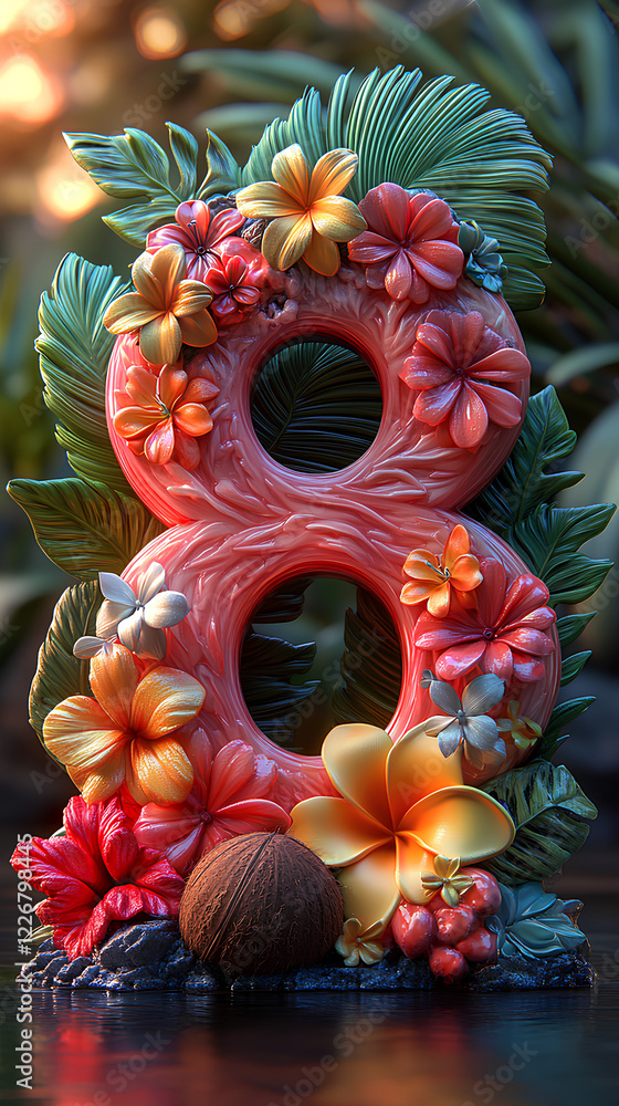Fototapeta premium Summer 3D numbers, number eight with a tropical atmosphere and bright colors, the number is surrounded by tropical elements rendered in 3D, palm leaves, coconuts and exotic flowers, beach atmosphere.