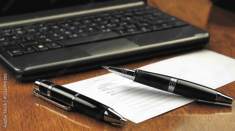 Close-Up of Organized Office Stationery on a Wooden Desk with Laptop and Pens Close-Up of Organized Office Stationery on a Wooden Desk with Laptop and Pens
