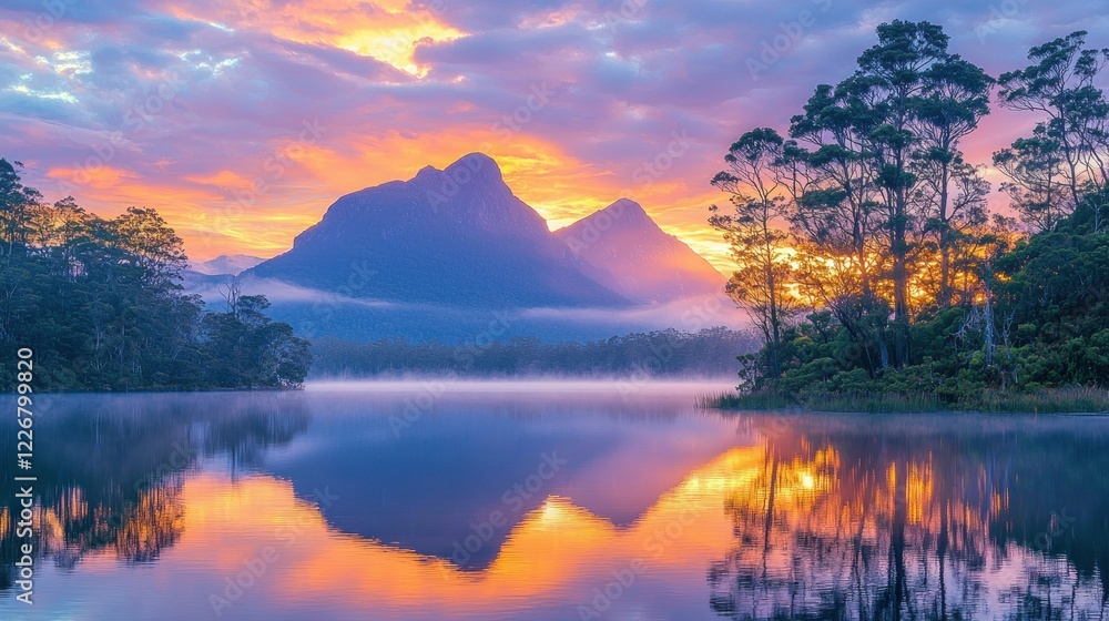Fototapeta premium Sunrise over mountains reflected in foggy lake.