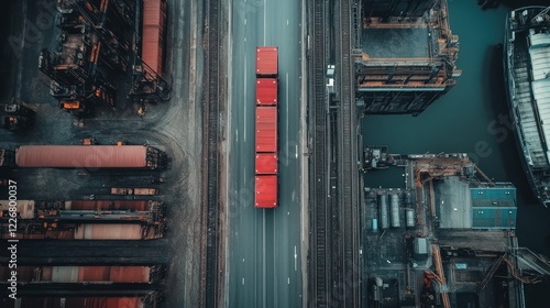 Aerial view Red containers truck on harbor road, industrial background photo