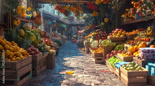 A bright scene of an eco-market with fresh fruits and veggies styled for delivery. digital