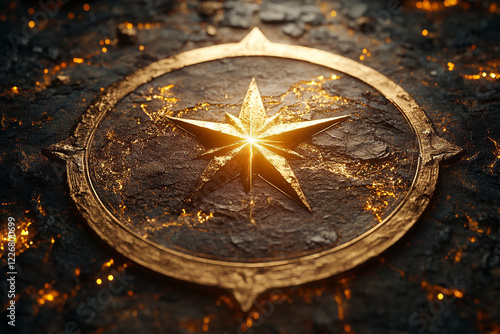 Golden Compass Star Emblazoned on Dark Stone