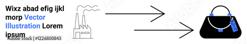 Factory emitting smoke connected by arrows to a luxury handbag outlining production flow. Ideal for manufacturing, supply chain, product lifecycle, retail, logistics, production efficiency, flat