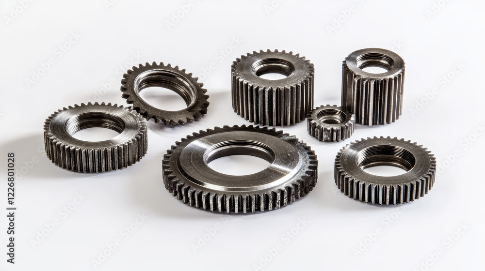 Set of metallic pinions and gears for industry concept design isolated on white background. Jpeg (bitmap) version also available in gallery Set of metallic pinions and gears for industry concept design isolated on white background. Jpeg (bitmap) version also available in gallery