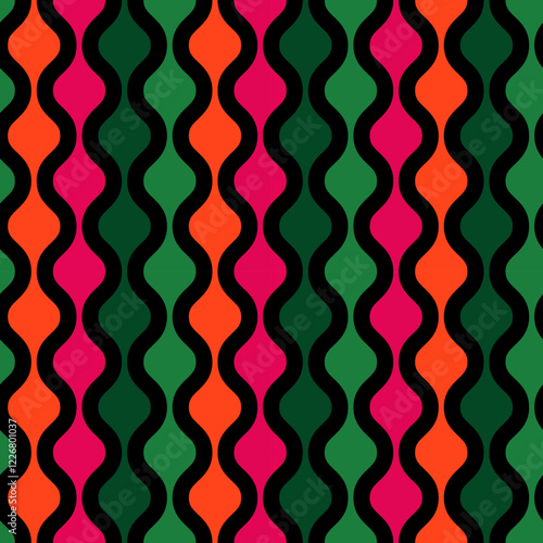 seamless pattern features wavy, colorful stripes in green, red, orange, and pink, creating a vibrant and dynamic geometric design perfect for textiles and wallpapers