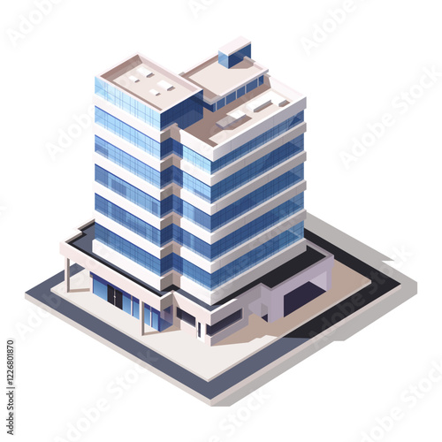 Modern isometric building with glass facade, flat rooftop, and ground-level details. Depicts urban construction. Vector illustration