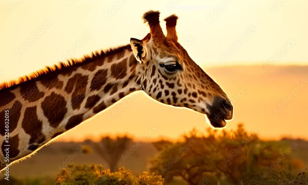Majestic giraffe silhouetted against a vibrant sunset in a serene savanna landscape Majestic giraffe silhouetted against a vibrant sunset in a serene savanna landscape