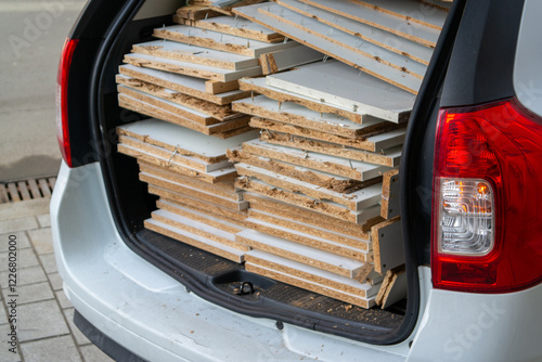 Car is completely overloaded with bulky waste, symbol of road safety photo