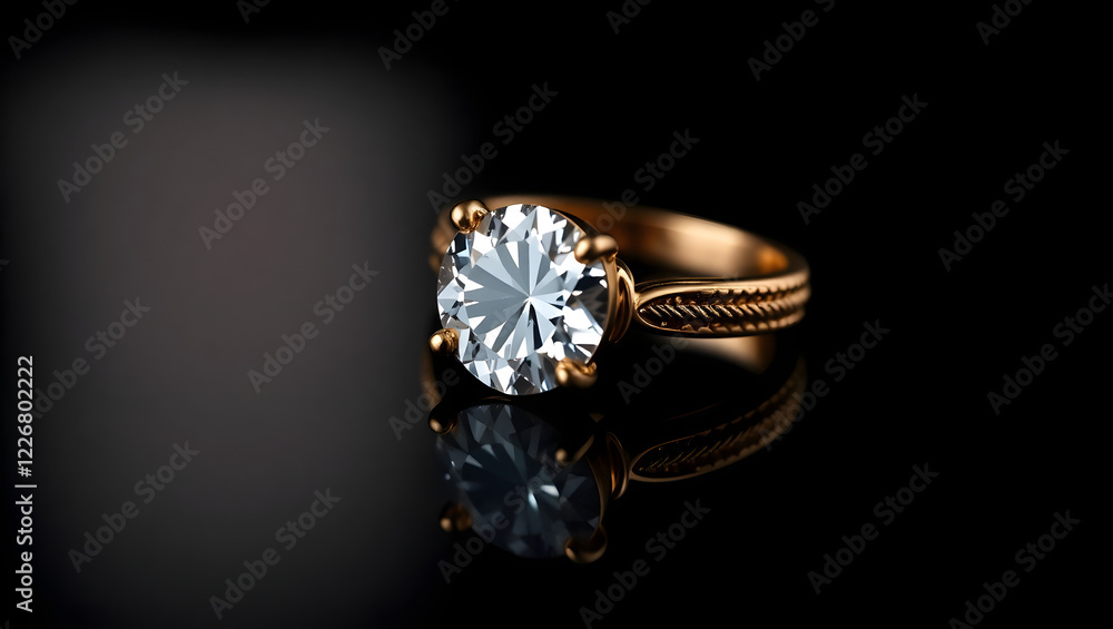 close-up of a luxury diamond ring centered on a sleek, glossy black onyx surface, which subtly reflects the stone's brilliance close-up of a luxury diamond ring centered on a sleek, glossy black onyx surface, which subtly reflects the stone's brilliance