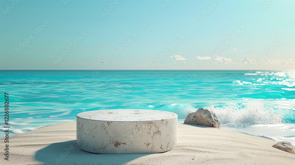 White cylindrical pedestal on a sandy beach near ocean waves White cylindrical pedestal on a sandy beach near ocean waves