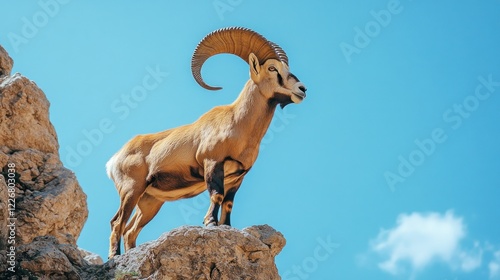 Majestic Markhor surveys mountain peak, clear sky photo