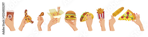 Hands holding coffee, hot dog, fried chicken, noodles, burger, taco, fries, potato spiral, pizza slice on white. Fast food concept. Vector illustration.