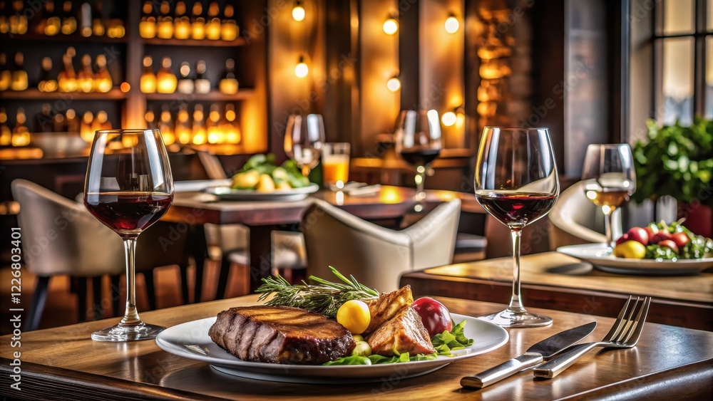 Cozy dinner setup for two with steaks and wine , romantic dinner Cozy dinner setup for two with steaks and wine , romantic dinner