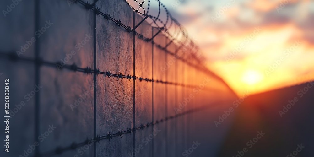 A close-up view of a barbed wire fence against a vibrant sunset, creating a stark contrast between nature and man-made structures. A close-up view of a barbed wire fence against a vibrant sunset, creating a stark contrast between nature and man-made structures.